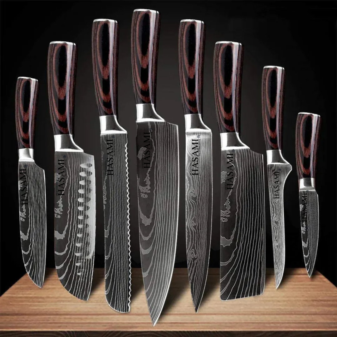 Katana 8 Set de couteaux 8 Pièces - Ciseaux Bloc de rangement en bois